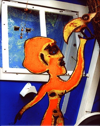 Sharon Wells Orange Woman and Bird Tile